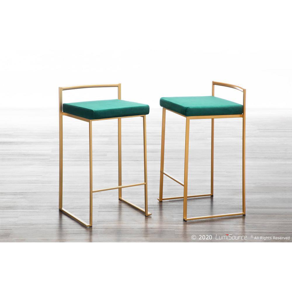 Fuji Glam Gold Frame with Green Velvet Cushion Counter Stool - Set of 2