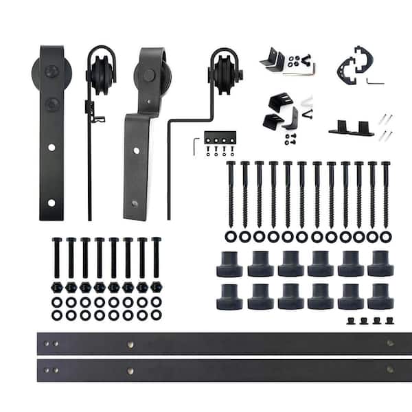 HOMACER 15 ft./180 in. Black Rustic Single Track Bypass Sliding Barn Door Track and Hardware Kit for Double Doors