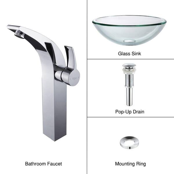 KRAUS 19 mm Thick Glass Vessel Sink with Illusio Faucet in Chrome