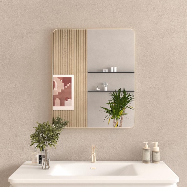 Gold 30 in. W x 36 in. Modern Rectangle Metal Framed Bathroom Wall Mirror, Bathroom Vanity Mirror