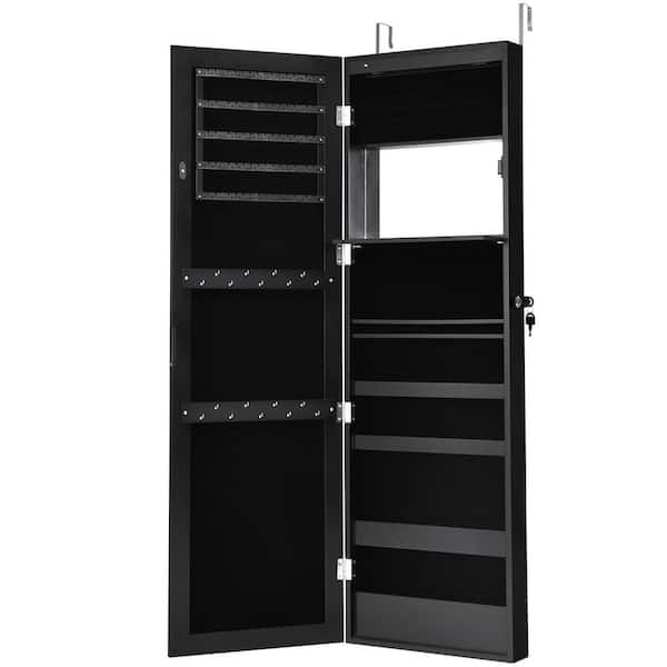 Costway Lockable Mirror Jewelry Cabinet Armoire Organizer Wall Door Mounted With Led Lights Hw58529bk The Home Depot - Wall Door Mirror Jewelry Storage