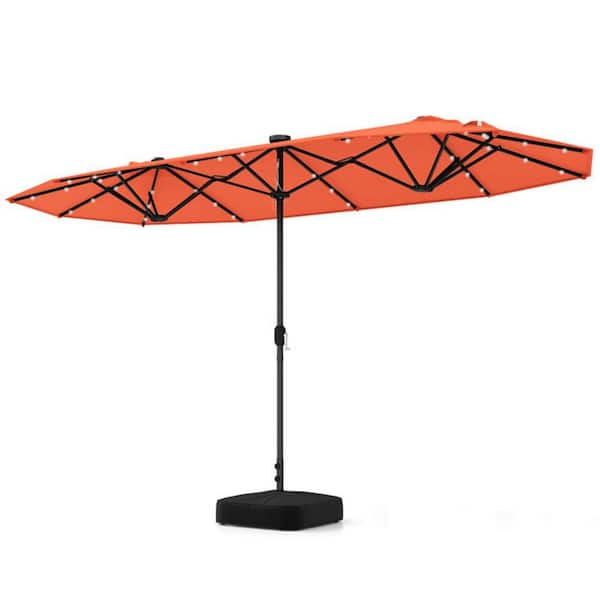 13 ft. Metal Market Patio Umbrella in Orange with LED Light and Stand Double Sided Solar Outdoor Umbrella with Crank