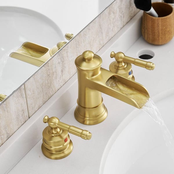 8 in. Widespread Double Handle Waterfall Bathroom Sink Faucet with Pop-up Drain in Brushed Gold
