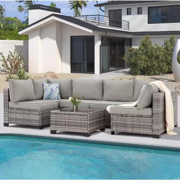 Unbranded 7-Piece Grey PE Rattan Wicker Outdoor Sectional Sofa Set with Grey Cushions, Coffee Table