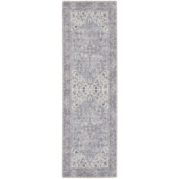 57 GRAND BY NICOLE CURTIS 57 Grand Machine Washable Grey 2 ft. x 10 ft. Bordered Traditional Kitchen Runner Area Rug