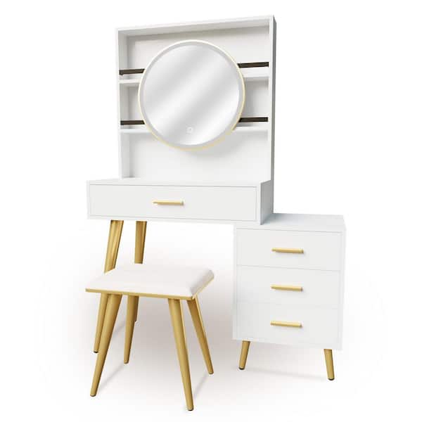 Dovelina White Makeup Vanity Set with Round LED Mirror (55 in. H x 31.5 in. W x 15.7 in. D)