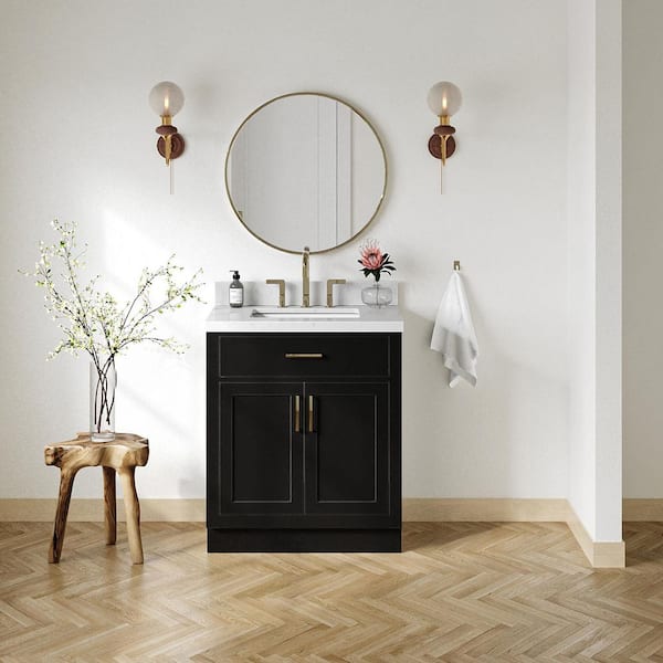 Hepburn 30 in. W x 22 in. D x 36 in. H Single Sink Freestanding Bath Vanity in Black with Carrara White Quartz Top