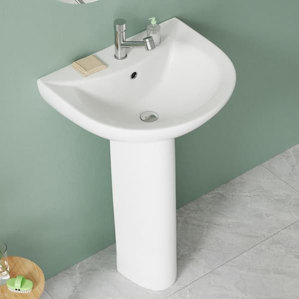 17 in. D x 20 in. W Bathroom Pedestal Sink Combo Novelty U-Shape Vitreous China in White with Overflow and 1 Faucet Hole