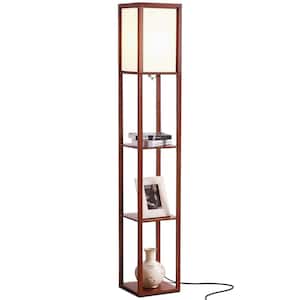 Maxwell 63 in. Walnut Brown Traditional 1-Light LED Energy Efficient 3-Shelf Floor Lamp with White Fabric Square Shade
