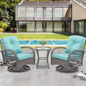 3-Piece Wicker Outdoor Bistro Swivel Chairs Set, Patio Bistro Set with 360° Swivel Rocking Chairs & Table, Blue Cushion