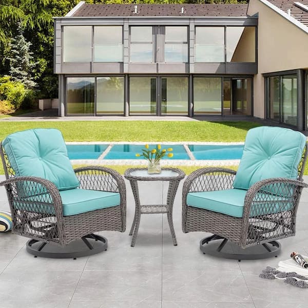 AUTMOON 3-Piece Wicker Outdoor Bistro Swivel Chairs Set, Patio Bistro Set with 360° Swivel Rocking Chairs & Table, Blue Cushion