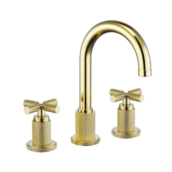 AIMADI 8 in. Widespread Double Handle Bathroom Faucet with Pop-Up Drain Kit Lead-Free Silicon Bronze 3 Hole Vanity Taps in Gold