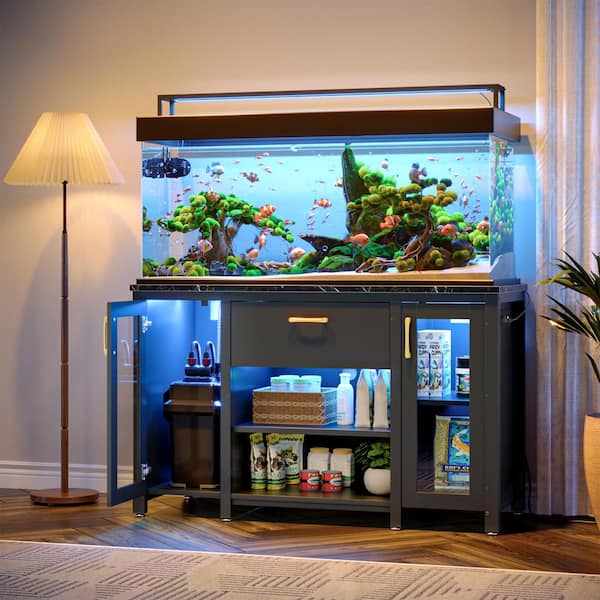Bestier Black 30 in. 55 gal.-75 gal. Aquarium Stand with Dual Glass Cabinet, Fish Tank Stand with Power Outlet and RGB LED Light