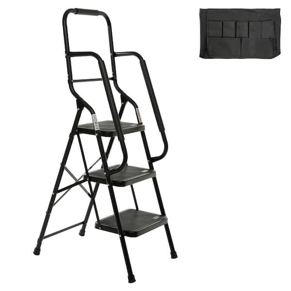 3-Step Steel Step Ladder (7 ft. Reach) w/500 lbs. Load Capacity, Safety Handrails Removable Tool Bag and Anti-Slip Steps