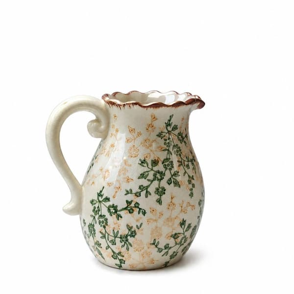 7.48 x 7.48 in. Rustic Ceramic Pitcher Vase Green Beige Ice-Cracked Glaze Farmhouse Vintage Floral Retro