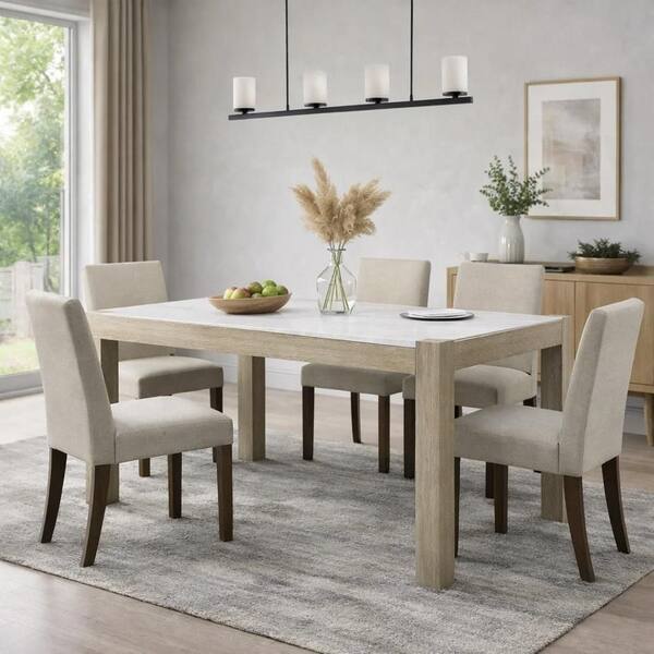 Benjara Koji Light Brown and White Marble 38 in. 4 Legs Dining Table ...