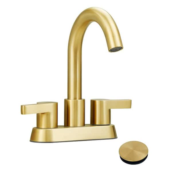 Lukvuzo 4 in. Centerset Double Handle High Arc Bathroom Faucet with Drain Kit Included in Brushed Gold