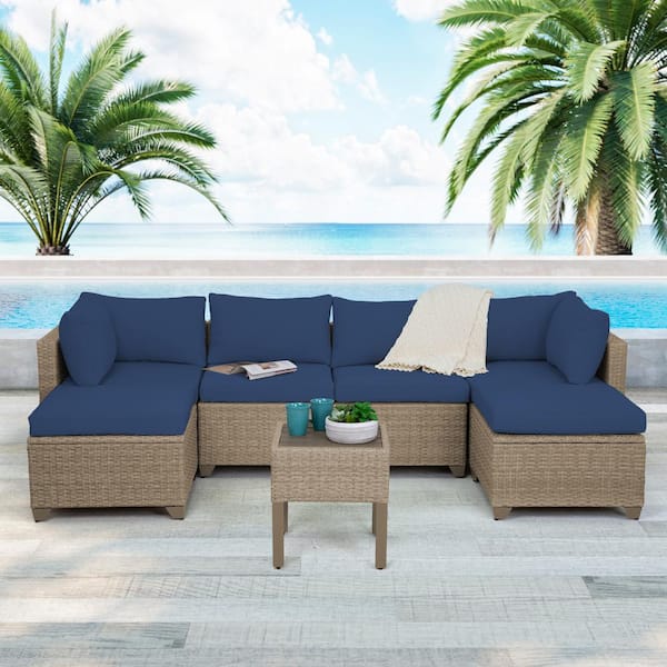 TK CLASSICS Maui 7-Piece Wicker Patio Conversation Set with Cobalt Cushions