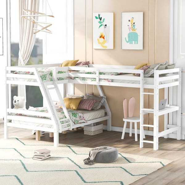 Full Bunk Bed And Twin Size Loft, White Loft Bed With Pull Out Desk