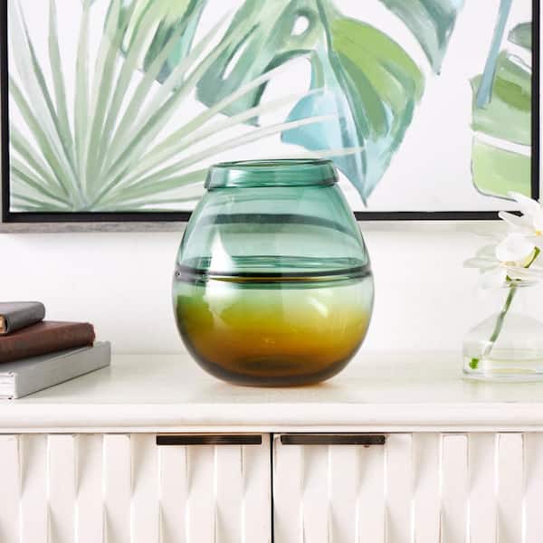Litton Lane 9 in. Green Handmade Ombre Glass Decorative Vase with Yellow Base