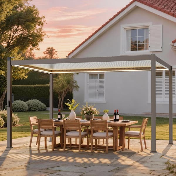 10 ft. x 13 ft. LED Modern Steel Louvered Pergola Outdoor Pergola with Adjustable Roof for Backyard, Brown