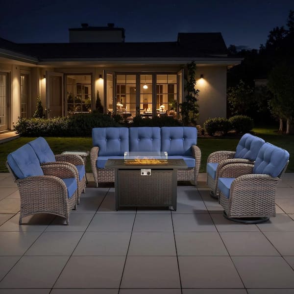 TWrap Brown 7-Piece Wicker Outdoor Patio All-Iron Fire Pit Deep Seating Set with Navy Blue Cushions