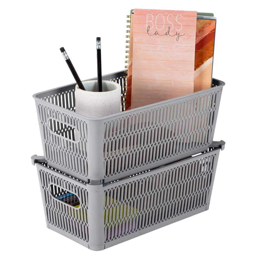 Small Gray Stackable Plastic Storage Tote Baskets, Set of 2