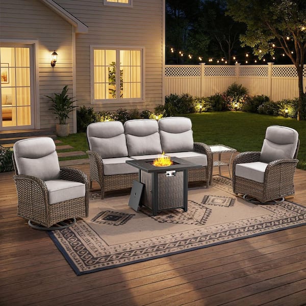 Rivieral 5-Piece Outdoor Wicker Patio Conversation Set with Fire Pit Table, Swivel Chairs and 6 in. Beige Cushions
