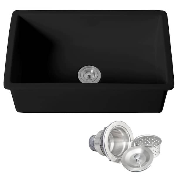 Black Fireclay 30 in. Single Bowl Undermount Kitchen Sink with Basket Strainer