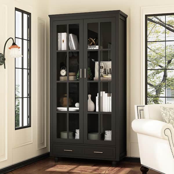 FUFU&GAGA Black Wooden 70.9 in. H 4-Shelf Standard Bookcase Bookshelf with Tempered Glass Doors, Adjustable Shelves, Drawer