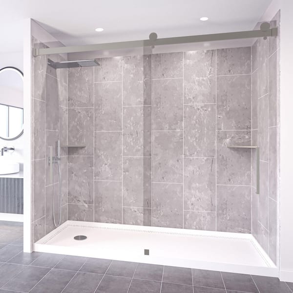 Platinum Grey-Tetherow 60 in. x 32 in. x 83 in. Base/Wall/Door Rectangular Alcove Shower Stall/Kit Brushed Nickel Left