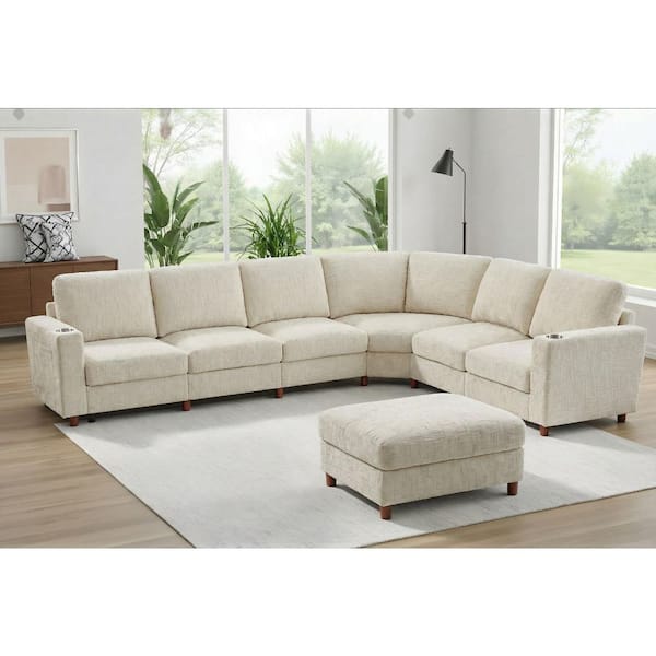 Dean Modern 159 in. 7-Piece Chenille Curved Modular Sectional Sofa in Beige with Storage Ottoman, Cup Holders