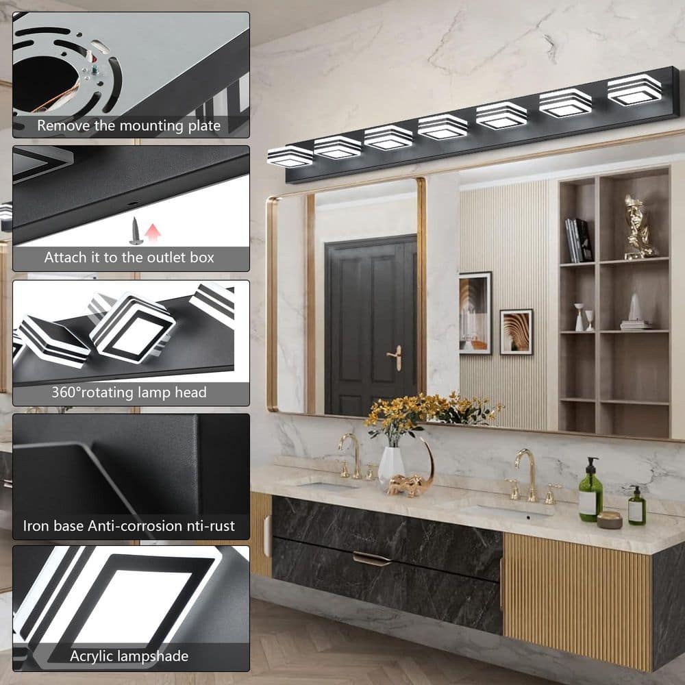 45 in. Modern Black 7-Light LED Vanity Light, Square Acrylic Lampshades Wall Mount Fixture for Bathroom, Mirror Lighting price history on PriceWatchPro