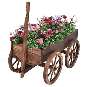Brown Wood Wagon Flower Outdoor Wood Plant Stand Pot Stand with Wheels