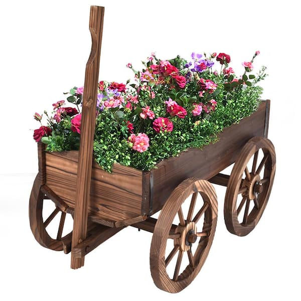 Costway Brown Wood Wagon Flower Outdoor Wood Plant Stand Pot Stand with Wheels