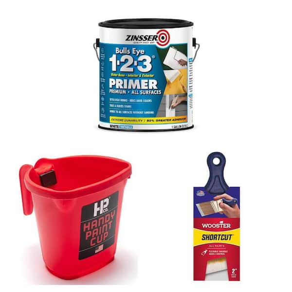Bulls Eye 1-2-3 1 Gal. White Primer/Sealer, 16 OZ. Paint Cup, and 2 in. Angled Sash Brush Combo