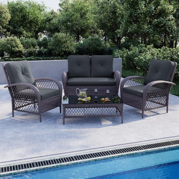 UPHA 4-Piece Wicker Outdoor Patio Deep Seating Conversation Set with Gray Cushions