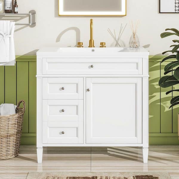 36 in. Single Sink White Bath Vanity with White Ceramic Top Bathroom Storage Cabinet with 3-Drawers Unassembled