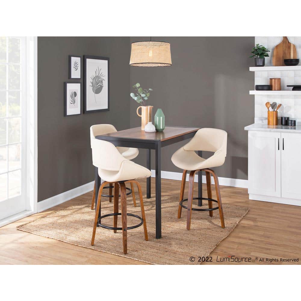 Flared Walnut & Metal Swivel Counter Stool in Black/Cream