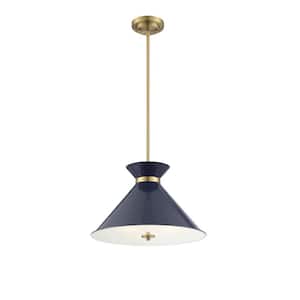 Lamar 18 in. W x 11 in. H 3-Light Navy Blue with Warm Brass Accents Shaded Pendant Light with Glass Shade