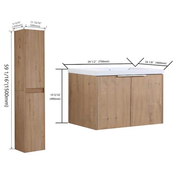 35.4 in.W x 18.1 in.D x 19.3 in.H Wall-Mounted Bath Vanity in Oak with White Resin Top and Side Cabinets