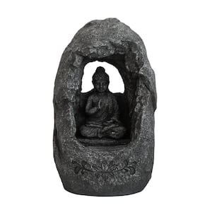 Decorative Gray Tabletop Waterfall Fountain with Sitting Buddha and LED Light