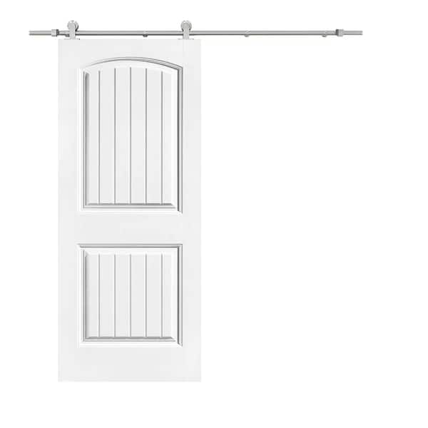CALHOME Elegant Series 30 in. x 80 in. White Primed Composite MDF 2 Panel Camber Top Sliding Barn Door with Hardware Kit