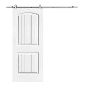 Elegant Series 36 in. x 80 in. White Primed Composite MDF 2 Panel Camber Top Sliding Barn Door with Hardware Kit