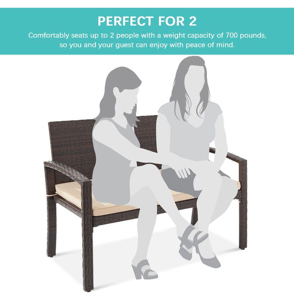 Curved Backrest Weather-Resistant Wicker 2-Person Patio Bench - Brown/Tan