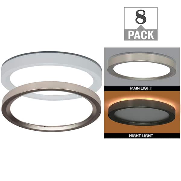 Commercial Electric 7.5 in. White Brushed Nickel Trims Round LED Flush Mount Ceiling Light Night Light 840LM 12W Adjustable CCT (8-Pack)