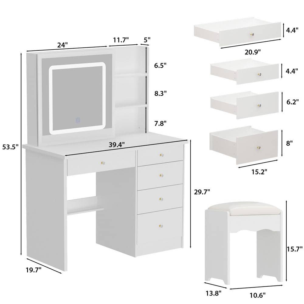 5-Drawers White Wood LED Push-Pull Mirror Makeup Vanity Sets Dressing Table Sets with Stool and 3-Tier Storage Shelves - thumbnail 3