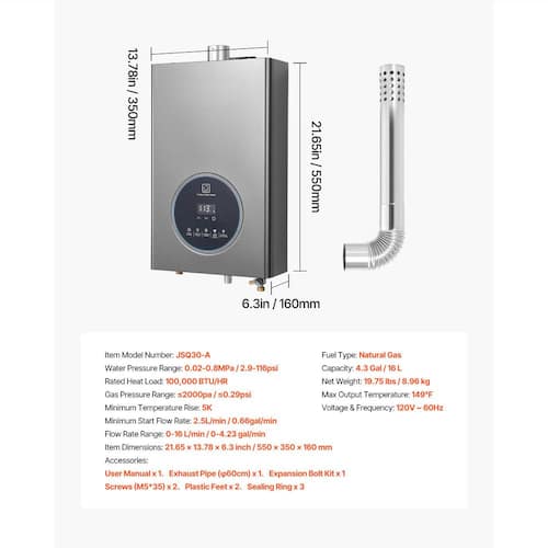 Gas Tankless Water Heater, 100000 BTU, Instant Hot Water