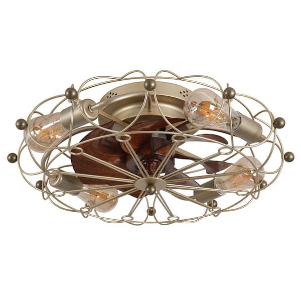 IHOMEadore 19.7 in. 4-Light Indoor Gold Flush Mount Cage Enclosed Ceiling Fan with Light Kit and Remote