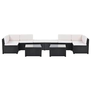10-Piece Wicker Patio Conversation Furniture Corner Sofa Set with Beige Cushions 2 Ottoman and 2 Glass Coffee Table
